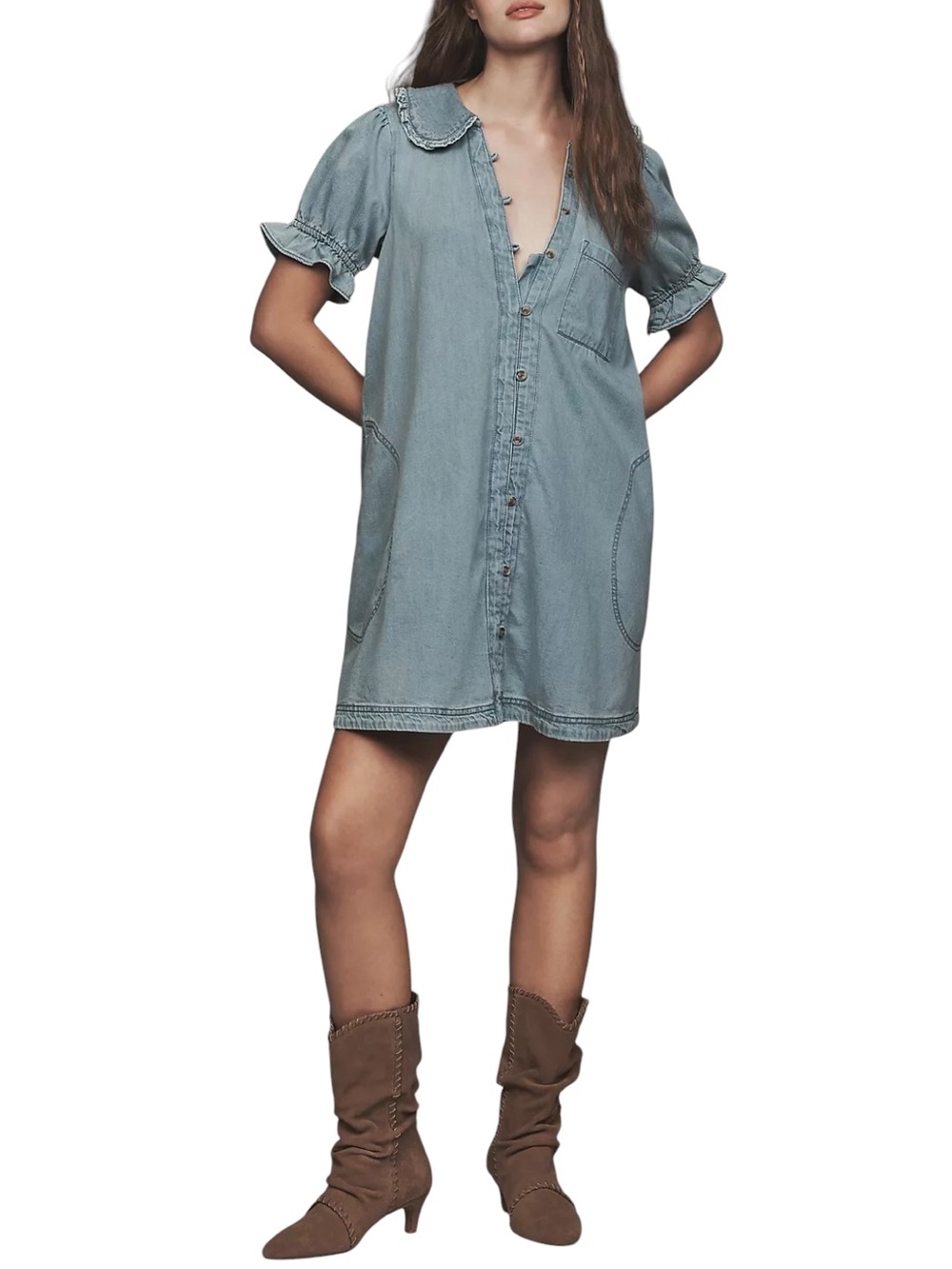 The Keira Denim Mini Dress Anthropologie Pilcro Cotton Light Wash Boho Size L